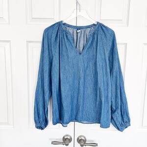 Old Navy Chambray Peasant Blouse Split Neck Denim Top Tall